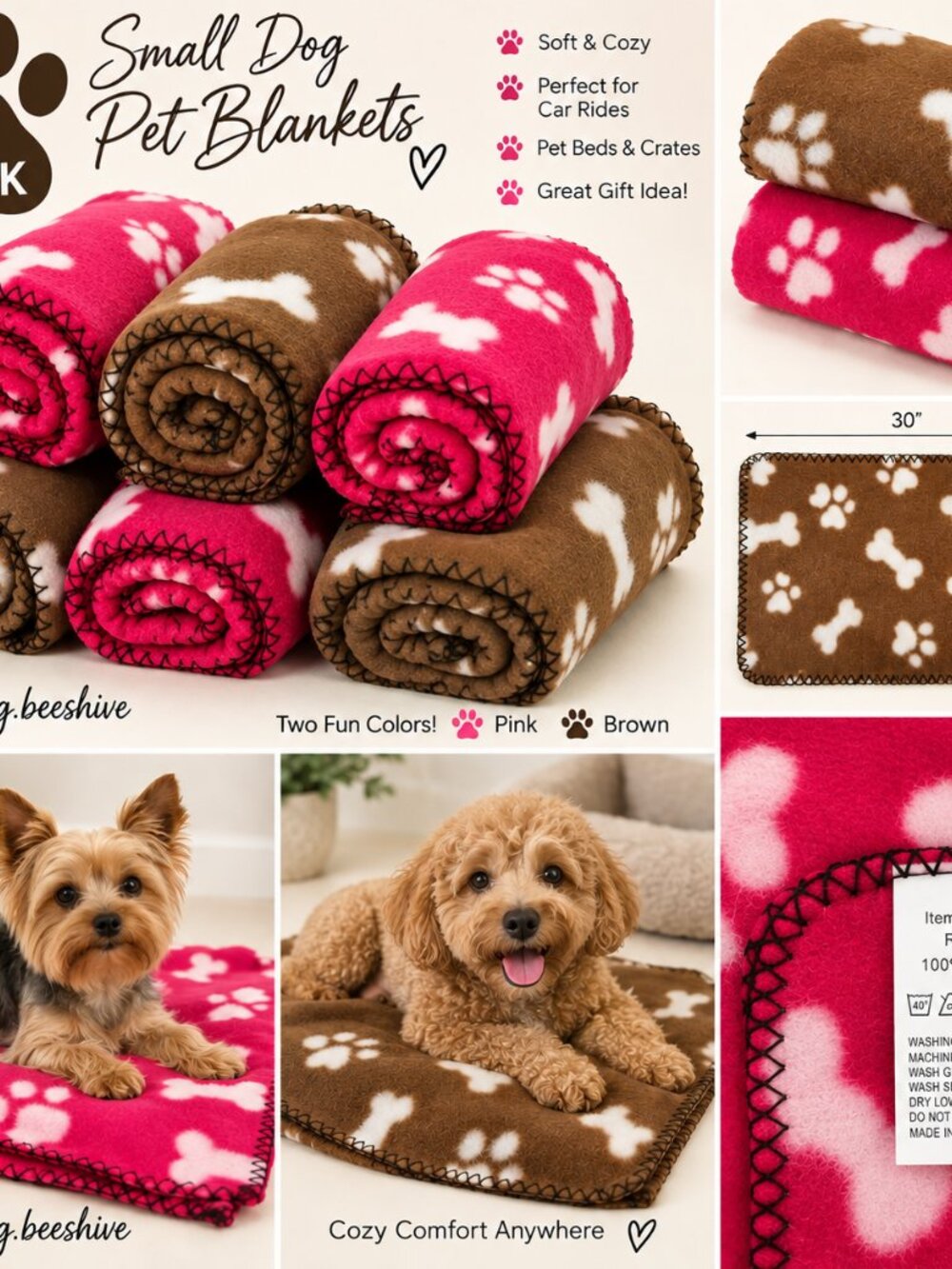 6 Pack Small Dog Pet Fleece Blankets 30x21 Pink Brown Paw Bone Print NEW  Descri